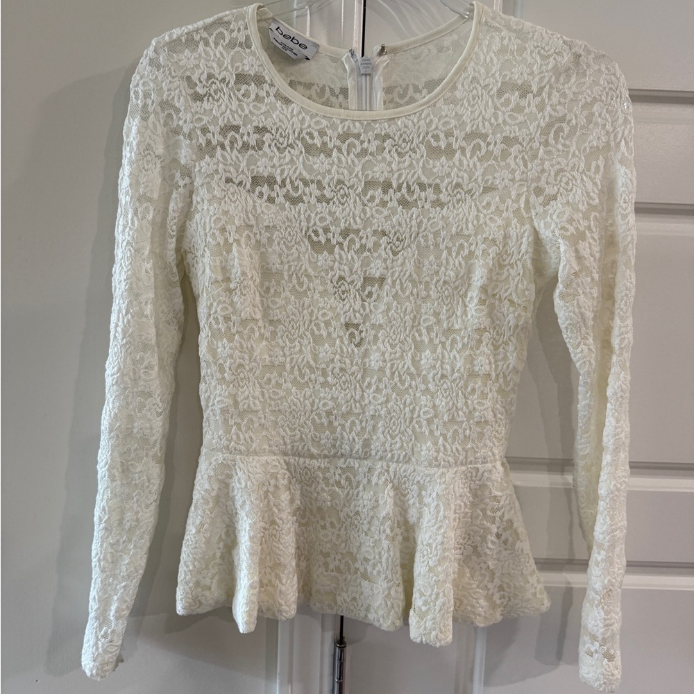 Bebe White Lace Peplum XS Top Balletcore  Feminine Flirty Spring